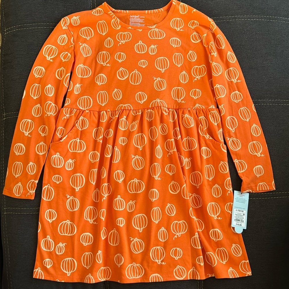 Halloween Cat & Jack Orange Pumpkin Long Sleeve Dress L 10/12 XL 14